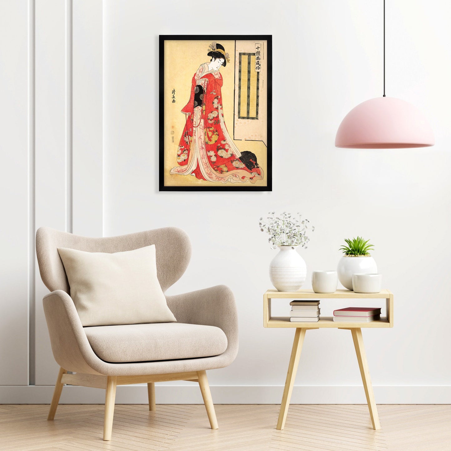 Japanese Art Print Poster Woodblock Ukiyo-e Framed Mounted Wall Kyoto Geisha Maiko Tattoo Beautiful Japan Calligraphy Spaniel Dog Bijin A2