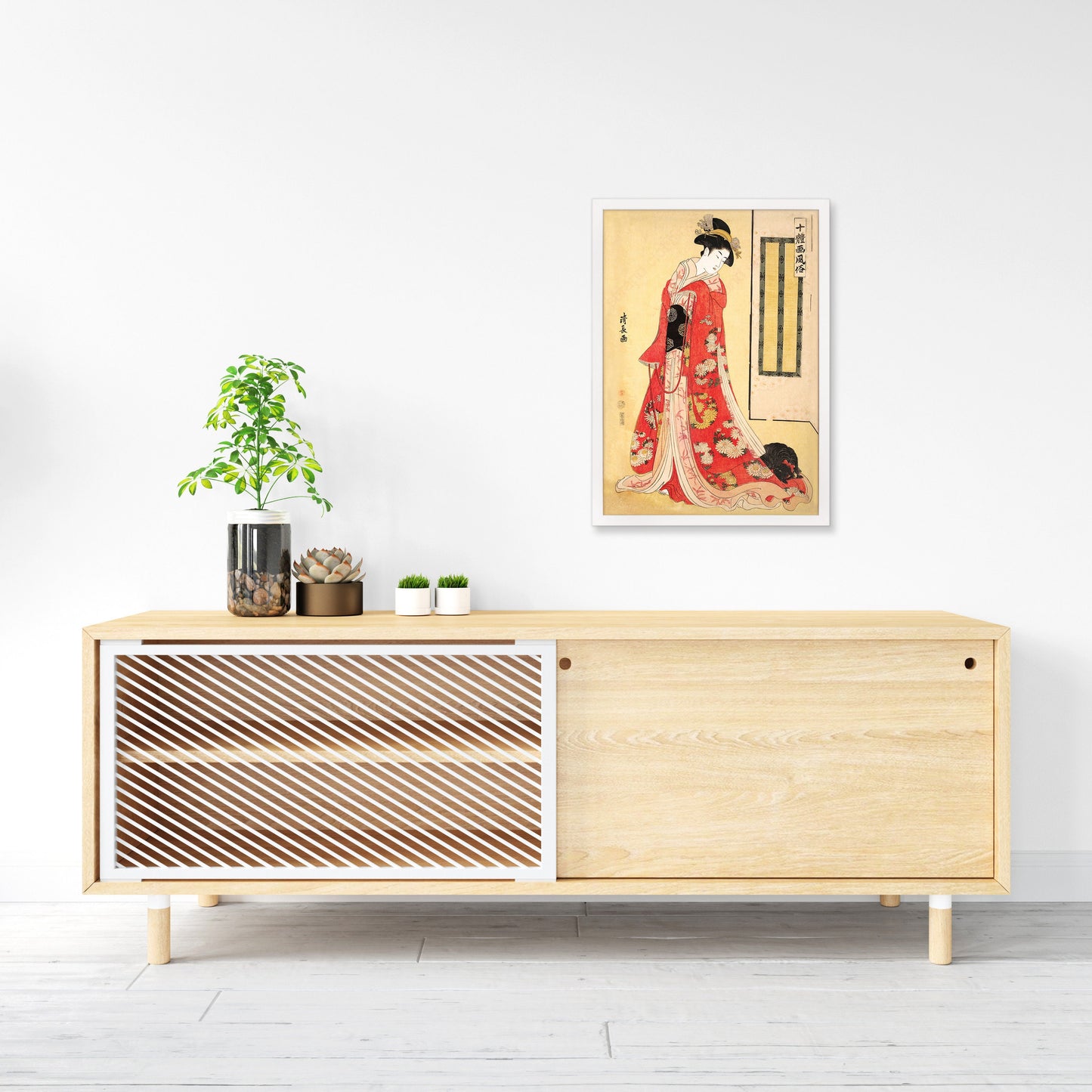 Japanese Art Print Poster Woodblock Ukiyo-e Framed Mounted Wall Kyoto Geisha Maiko Tattoo Beautiful Japan Calligraphy Spaniel Dog Bijin A2