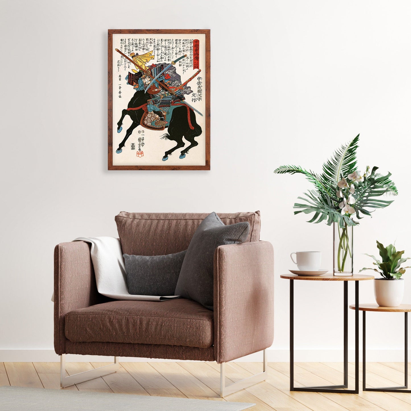 Japanese Samurai Art Print Poster Woodblock Ukiyo-e Style Framed Mounted Wall Warrior Armour Sword Katana Tattoo Calligraphy Horse A2 Large