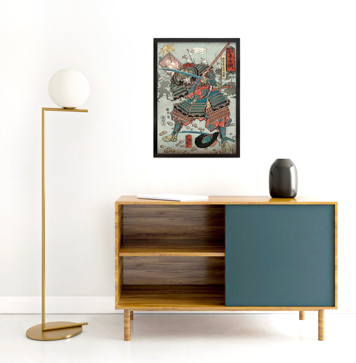 Japanese Samurai Art Print Poster Woodblock Ukiyo-e Framed Mounted Wall Warrior Armour Sword Katana Tattoo Calligraphy Archery A2 Large Size