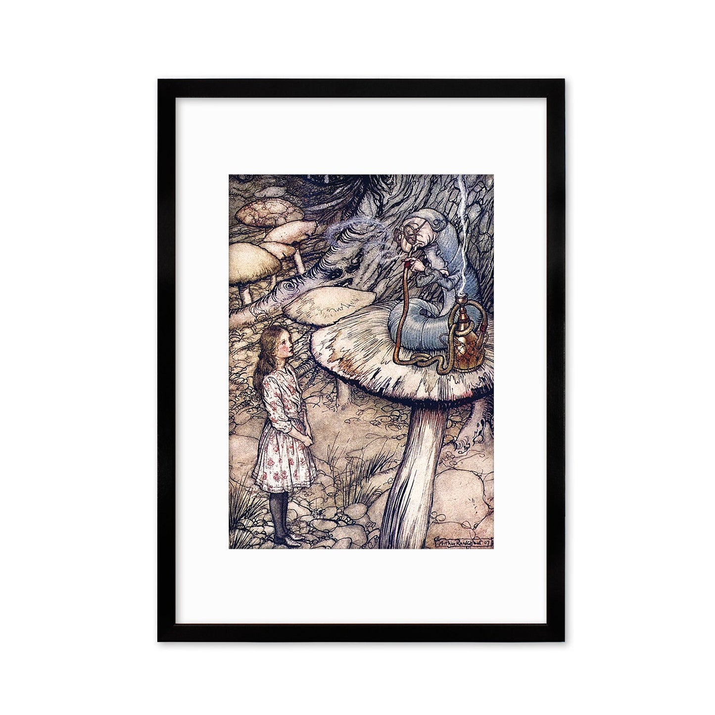 Alice In Wonderland Framed Art Print Poster Wall Mounted Antique Book Illustration Caterpillar Mushroom Arthur Rackham Victorian Cute Quirky
