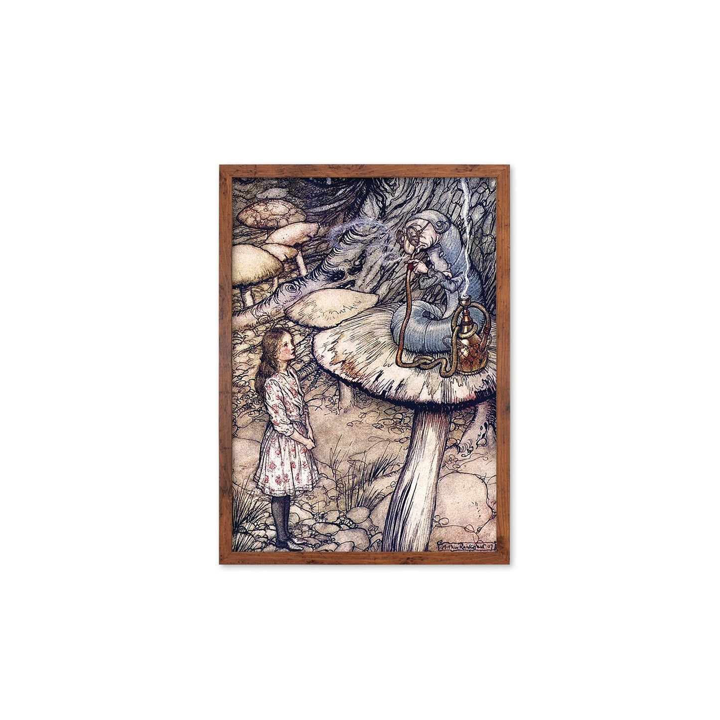 Alice In Wonderland Framed Art Print Poster Wall Mounted Antique Book Illustration Caterpillar Mushroom Arthur Rackham Victorian Cute Quirky