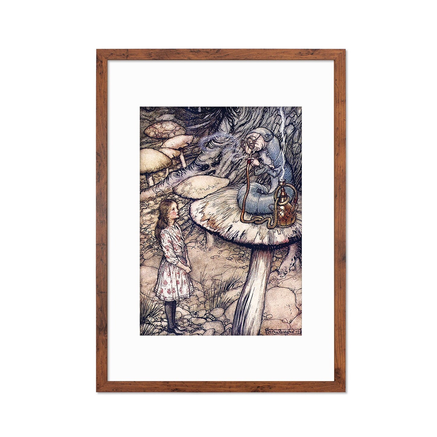Alice In Wonderland Framed Art Print Poster Wall Mounted Antique Book Illustration Caterpillar Mushroom Arthur Rackham Victorian Cute Quirky