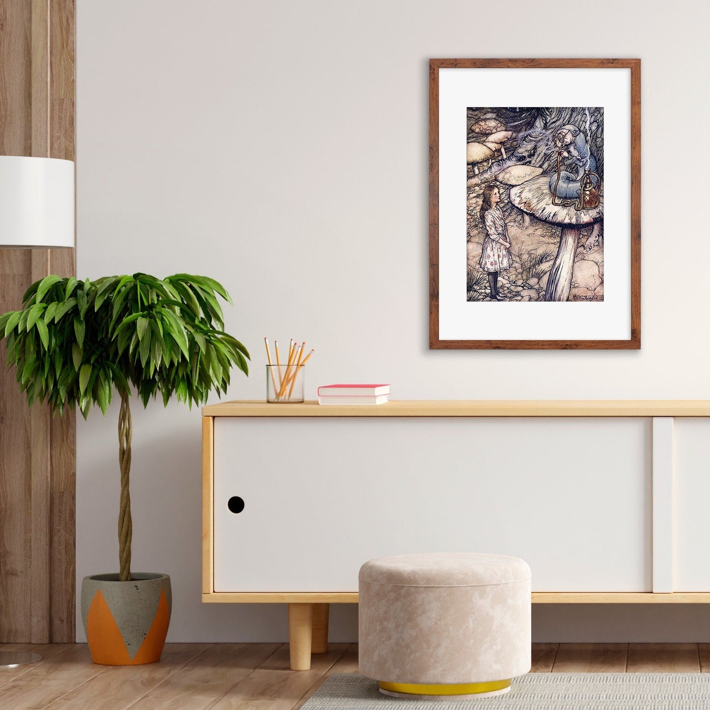 Alice In Wonderland Framed Art Print Poster Wall Mounted Antique Book Illustration Caterpillar Mushroom Arthur Rackham Victorian Cute Quirky
