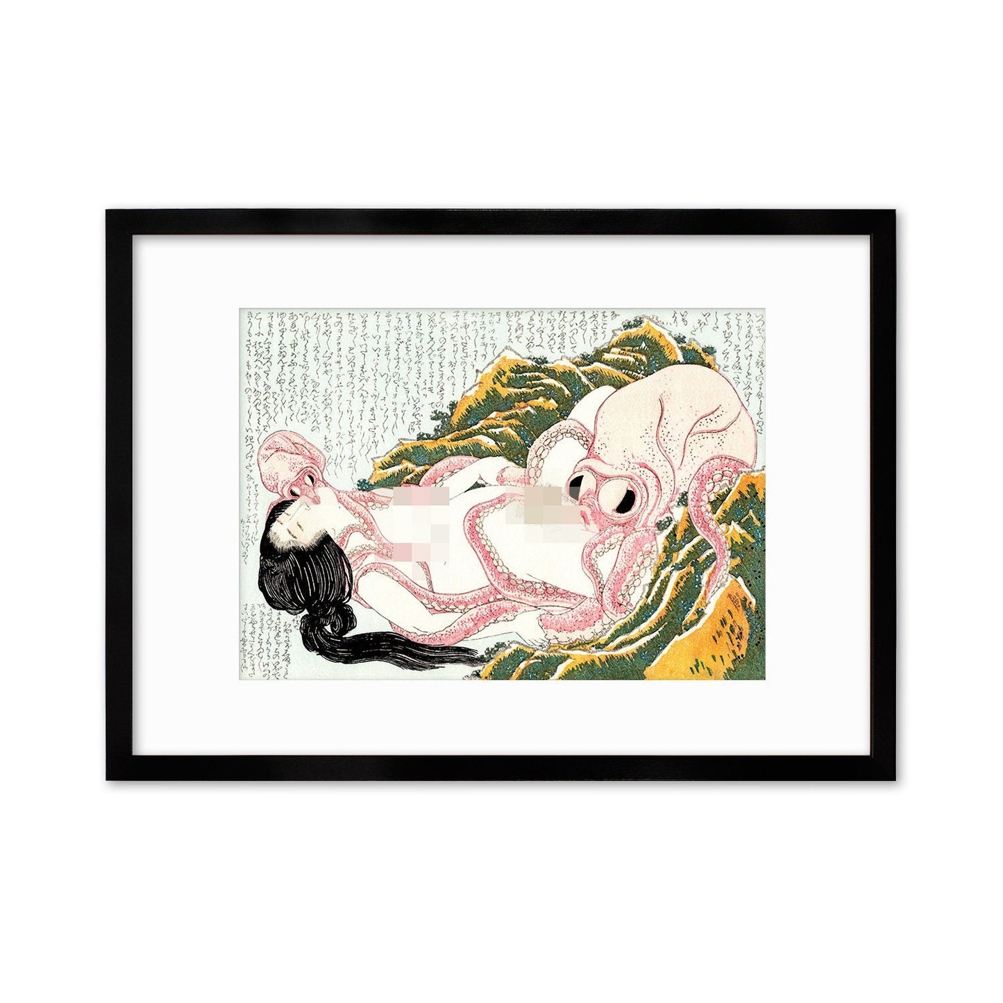 Japanese Shunga Art Framed Mounted Ukiyo-e Wall Decor Print Poster Woodblock Ama Diver Octopuses Hokusai Sensual Calligraphy Japan Tattoo