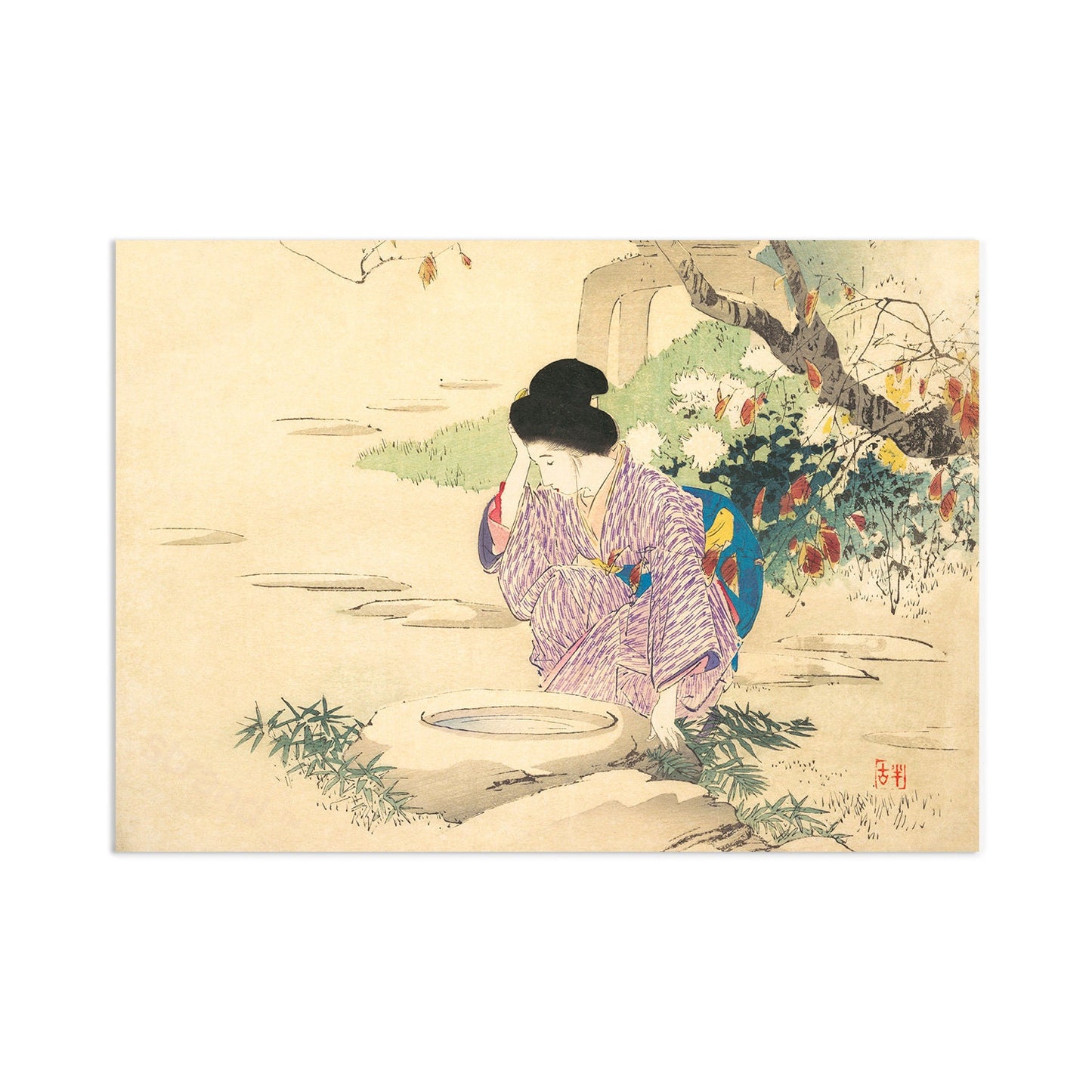 Japanese Beauty Ukiyo-e Art Print Poster Woodblock Wall Decor Kajita Hanko Kuchi-e Bijin Garden Well Geisha Maiko Kimono Obi Beautiful A3