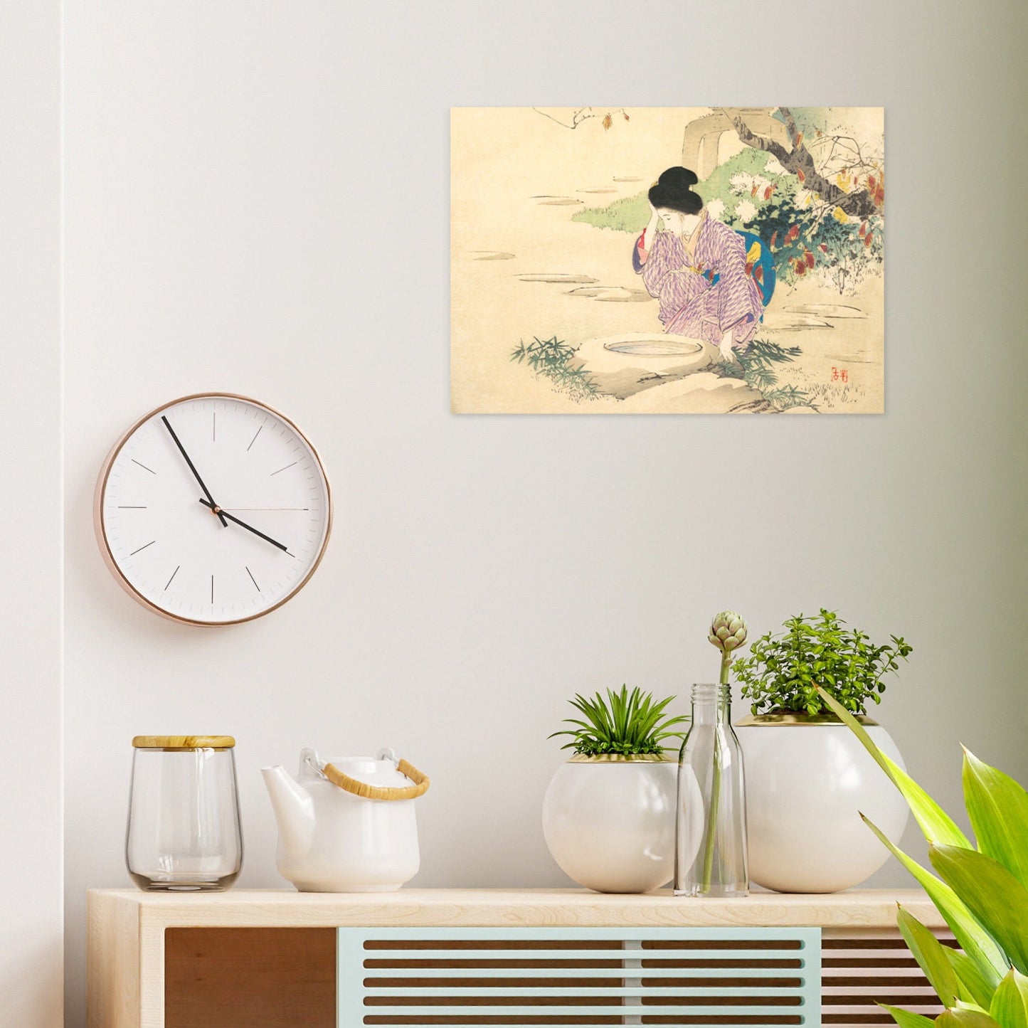 Japanese Beauty Ukiyo-e Art Print Poster Woodblock Wall Decor Kajita Hanko Kuchi-e Bijin Garden Well Geisha Maiko Kimono Obi Beautiful A3