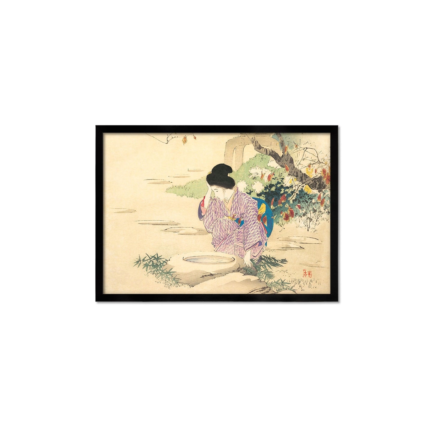 Japanese Woman Bijin Art Print Poster Woodblock Ukiyo-e Kuchi-e Kajita Hanko Framed Mounted Wall Geisha Maiko Kimono Elegant Landscape A3 A2