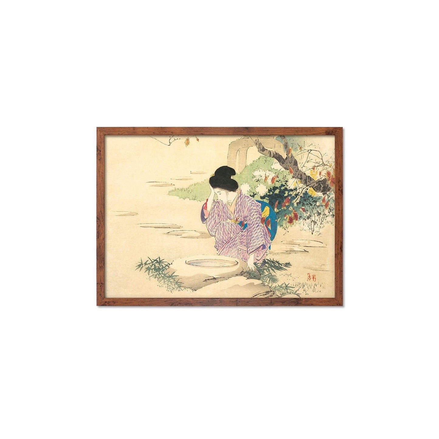 Japanese Woman Bijin Art Print Poster Woodblock Ukiyo-e Kuchi-e Kajita Hanko Framed Mounted Wall Geisha Maiko Kimono Elegant Landscape A3 A2