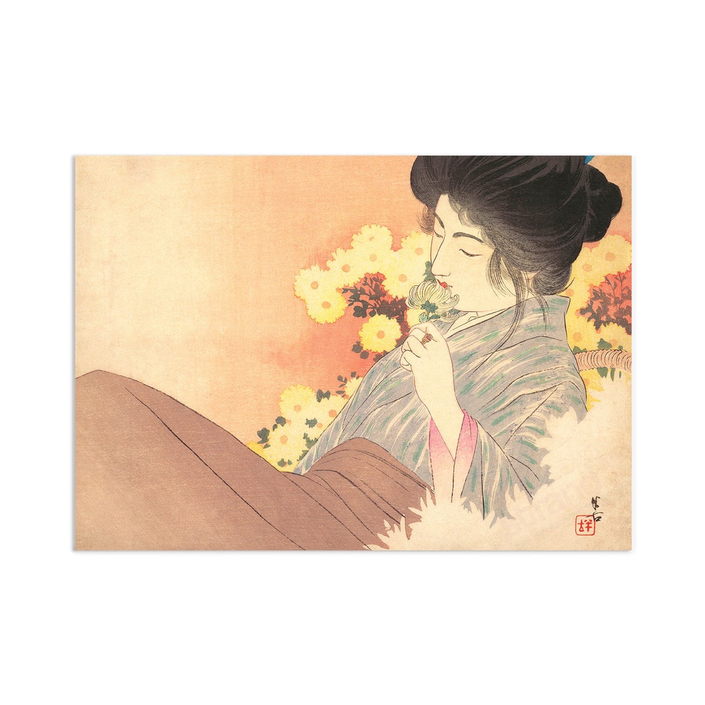 Japanese Beauty Ukiyo-e Art Print Poster Woodblock Wall Decor Kajita Hanko Kuchi-e Bijin Chrysanthemum Geisha Maiko Kimono Obi Beautiful A3