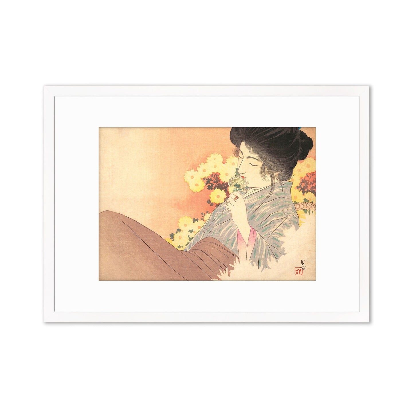 Japanese Woman Bijin Art Print Poster Woodblock Ukiyo-e Kuchi-e Kajita Hanko Framed Mounted Wall Geisha Maiko Kimono Elegant Landscape A3 A2
