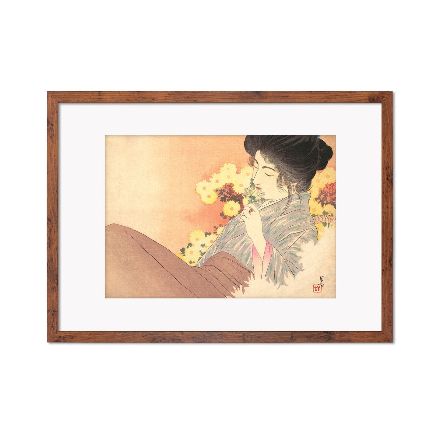 Japanese Woman Bijin Art Print Poster Woodblock Ukiyo-e Kuchi-e Kajita Hanko Framed Mounted Wall Geisha Maiko Kimono Elegant Landscape A3 A2