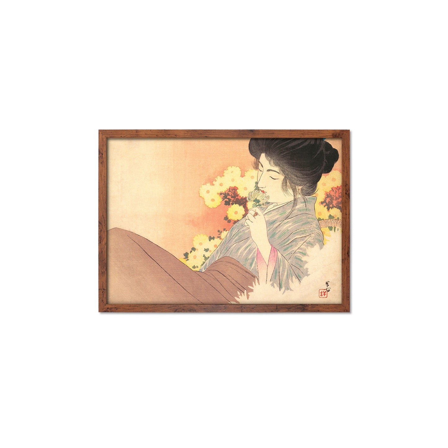 Japanese Woman Bijin Art Print Poster Woodblock Ukiyo-e Kuchi-e Kajita Hanko Framed Mounted Wall Geisha Maiko Kimono Elegant Landscape A3 A2