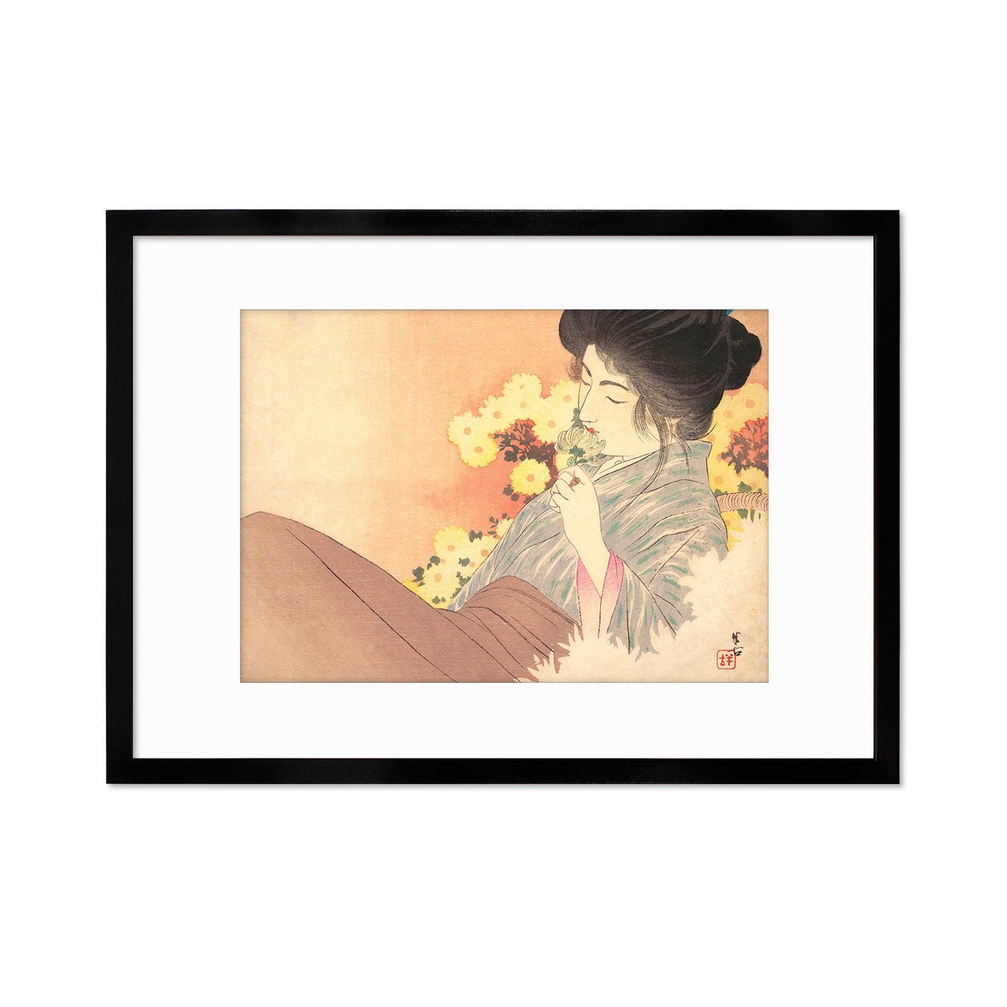 Japanese Woman Bijin Art Print Poster Woodblock Ukiyo-e Kuchi-e Kajita Hanko Framed Mounted Wall Geisha Maiko Kimono Elegant Landscape A3 A2