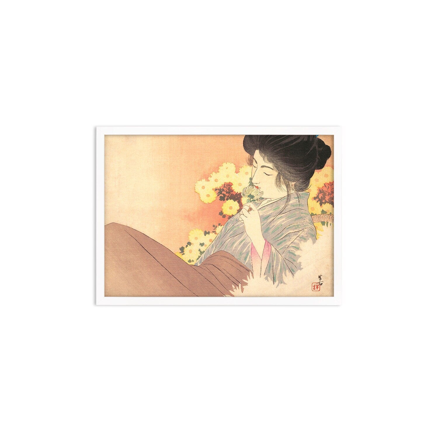 Japanese Woman Bijin Art Print Poster Woodblock Ukiyo-e Kuchi-e Kajita Hanko Framed Mounted Wall Geisha Maiko Kimono Elegant Landscape A3 A2