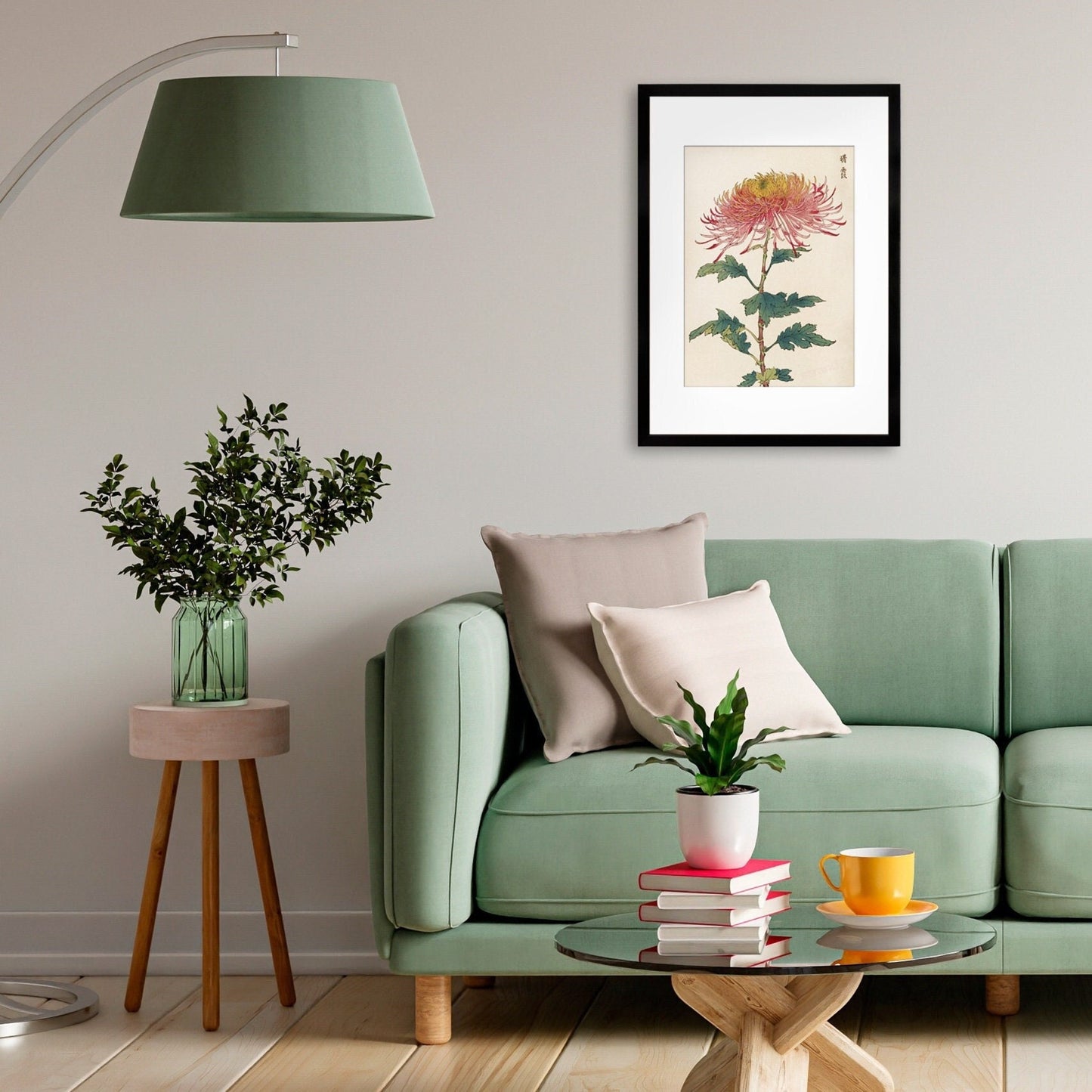 Framed Mounted Japanese Ukiyo-e Wall Art Print Poster Woodblock Keika Hasegawa Chrysanthemums Flowers Landscape Nature Beautiful Calligraphy