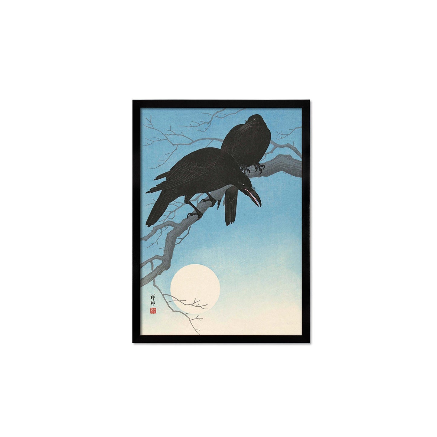 Japanese Art Two Crows Print Poster Woodblock Ukiyo-e Ohara Koson Shoson Raven Moon Bird Framed Mounted Wall Nature Landscape Elegant A3 A2