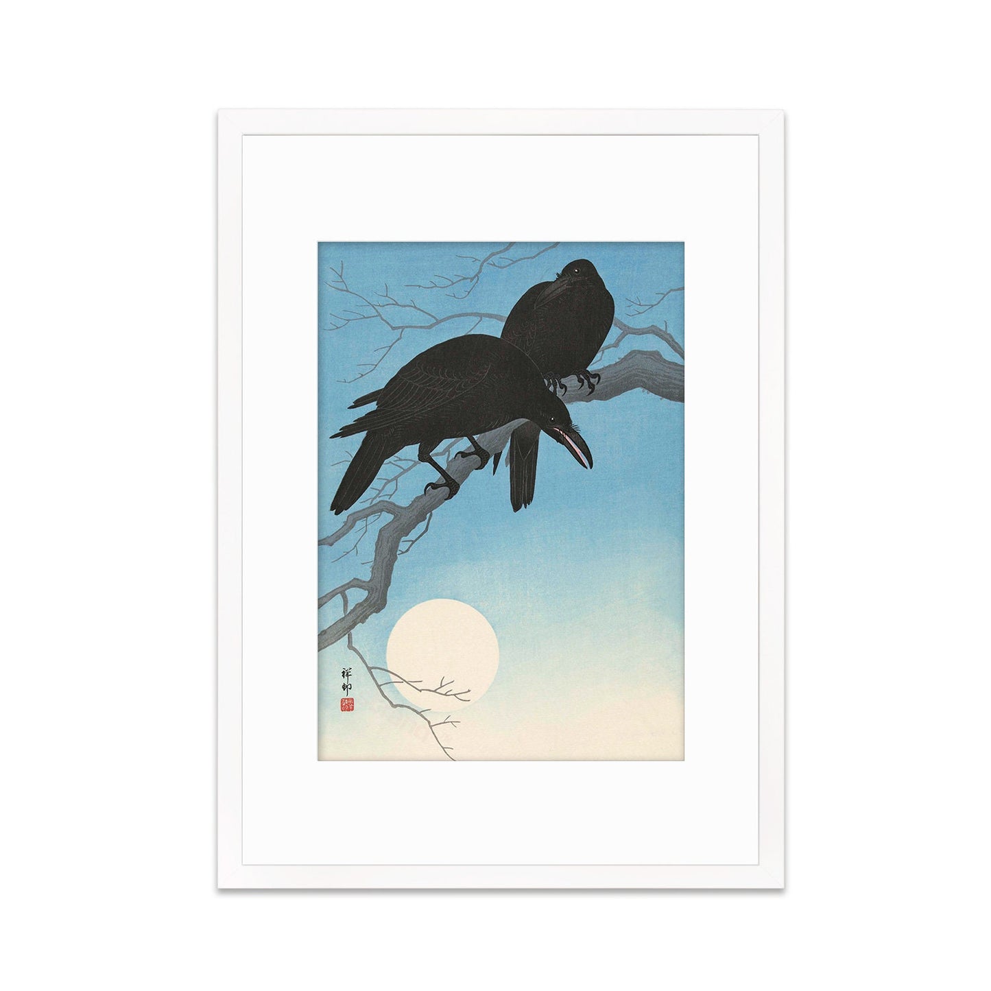 Japanese Art Two Crows Print Poster Woodblock Ukiyo-e Ohara Koson Shoson Raven Moon Bird Framed Mounted Wall Nature Landscape Elegant A3 A2