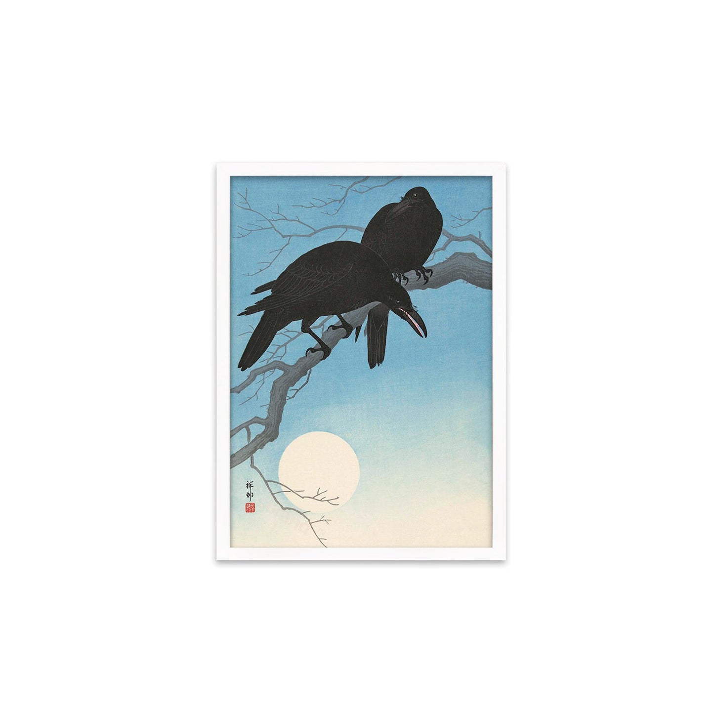 Japanese Art Two Crows Print Poster Woodblock Ukiyo-e Ohara Koson Shoson Raven Moon Bird Framed Mounted Wall Nature Landscape Elegant A3 A2