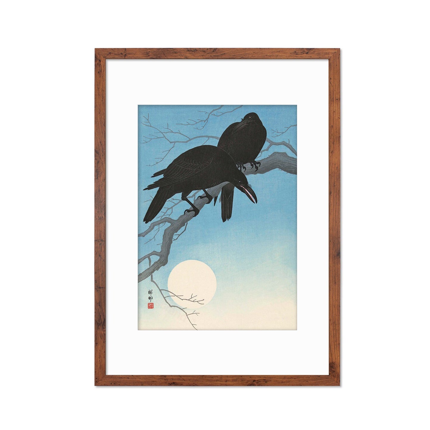 Japanese Art Two Crows Print Poster Woodblock Ukiyo-e Ohara Koson Shoson Raven Moon Bird Framed Mounted Wall Nature Landscape Elegant A3 A2