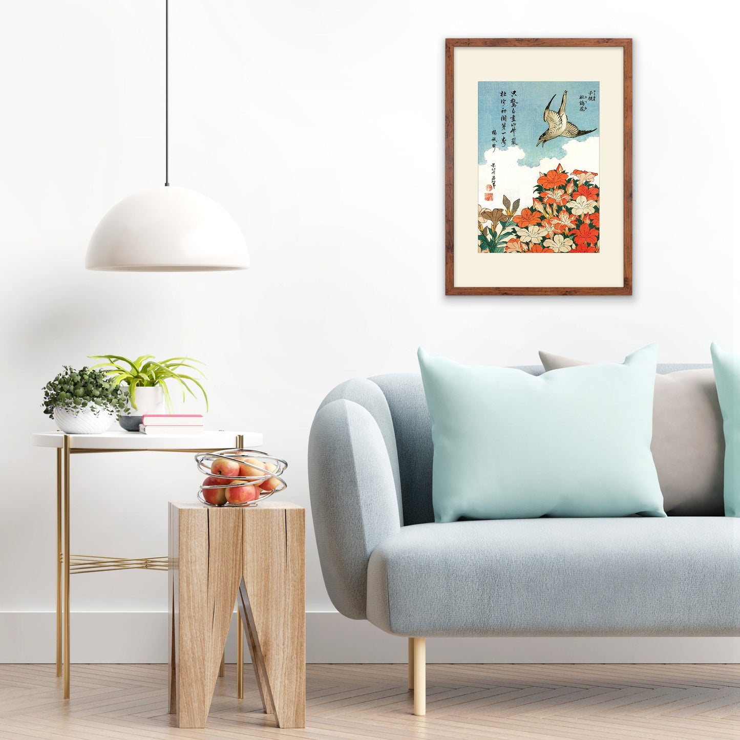 Japanese Art Framed Mounted Ukiyo-e Wall Decor Print Poster Woodblock Hokusai Flower Floral Azalea Cuckoo Bird Calligraphy Beautiful Haiku