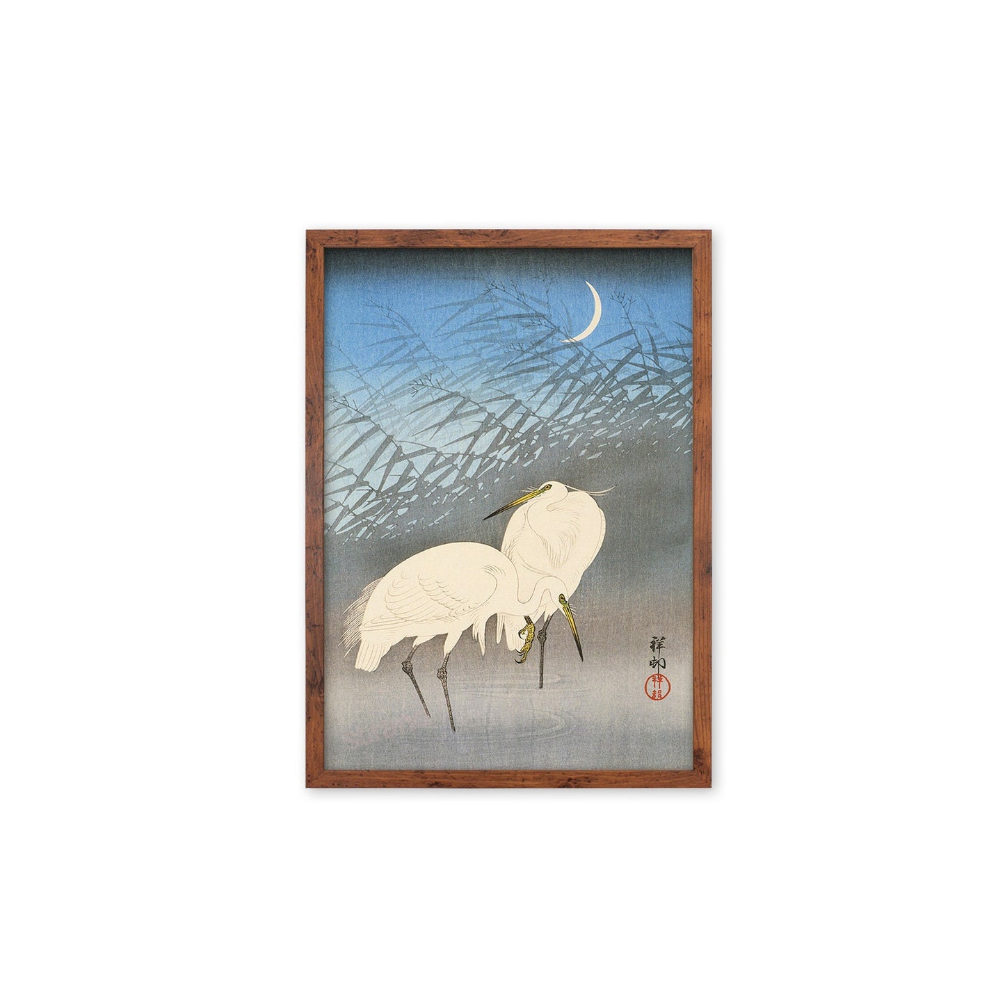 Japanese Art Egrets Cranes Framed Mounted Ukiyo-e Wall Decor Print Poster Woodblock Koson Shoson Heron Bird Calligraphy Beautiful Haiku Cute