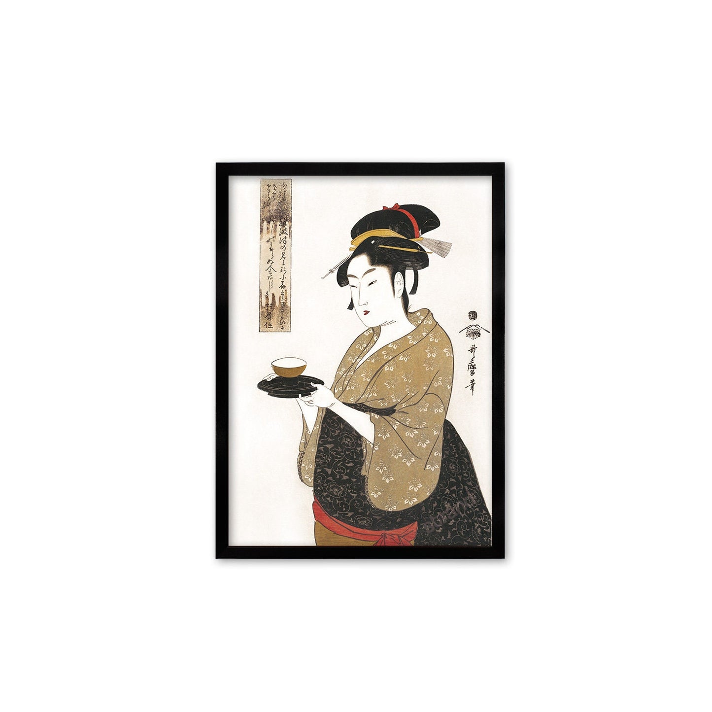 Japanese Art Geisha Framed Mounted Ukiyo-e Wall Decor Print Poster Woodblock Kitagawa Utamaro Bijin Maiko Kimono Calligraphy Beautiful A2 A3