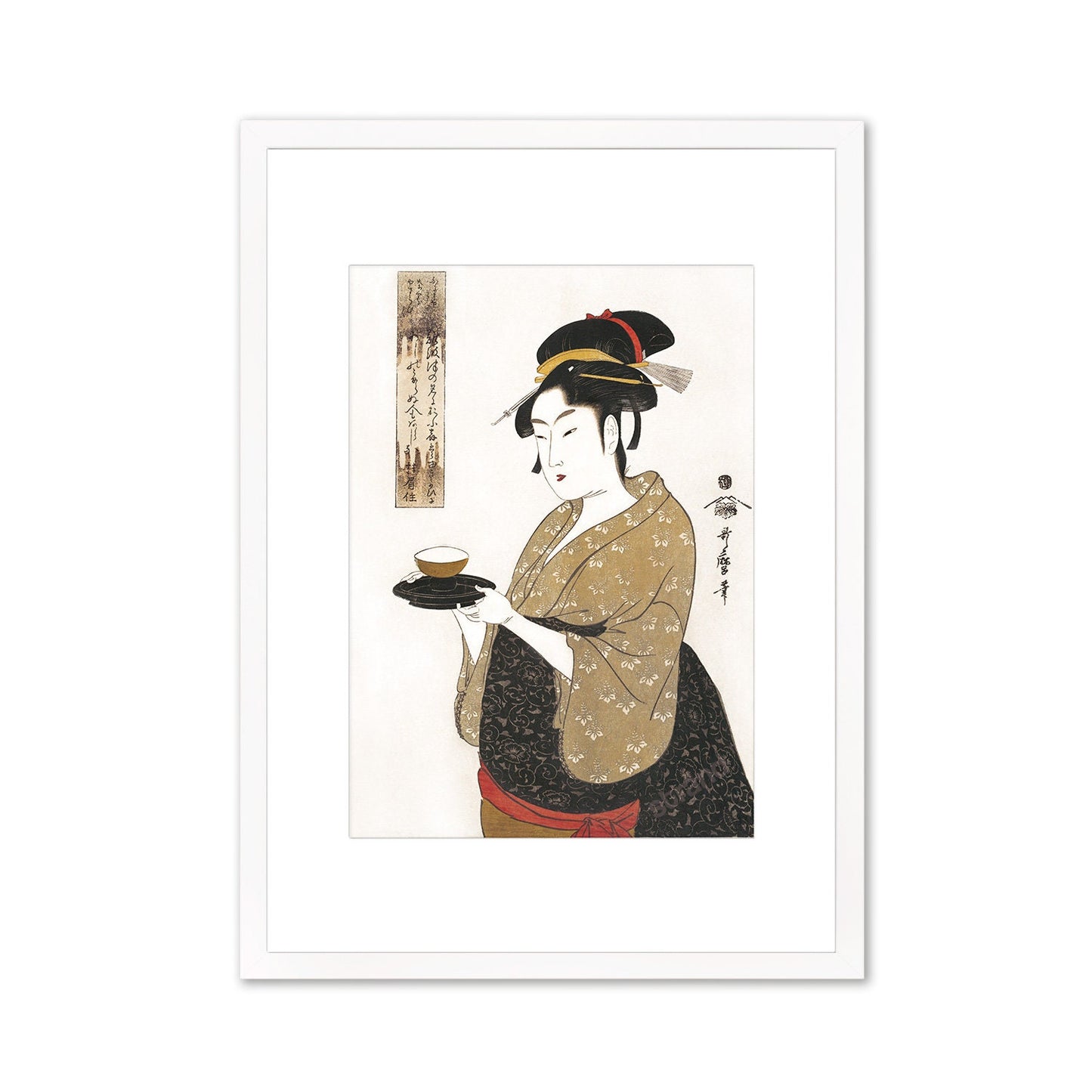 Japanese Art Geisha Framed Mounted Ukiyo-e Wall Decor Print Poster Woodblock Kitagawa Utamaro Bijin Maiko Kimono Calligraphy Beautiful A2 A3