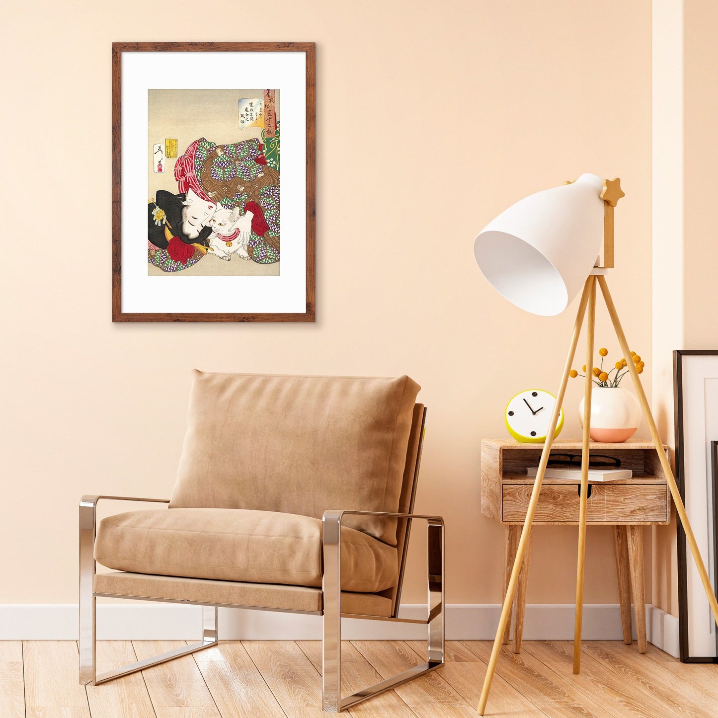 Japanese Art Geisha Cat Framed Mounted Ukiyo-e Wall Decor Print Poster Woodblock Yoshitoshi Kyoto Maiko Neko Kimono Tattoo Cute Beautiful A2