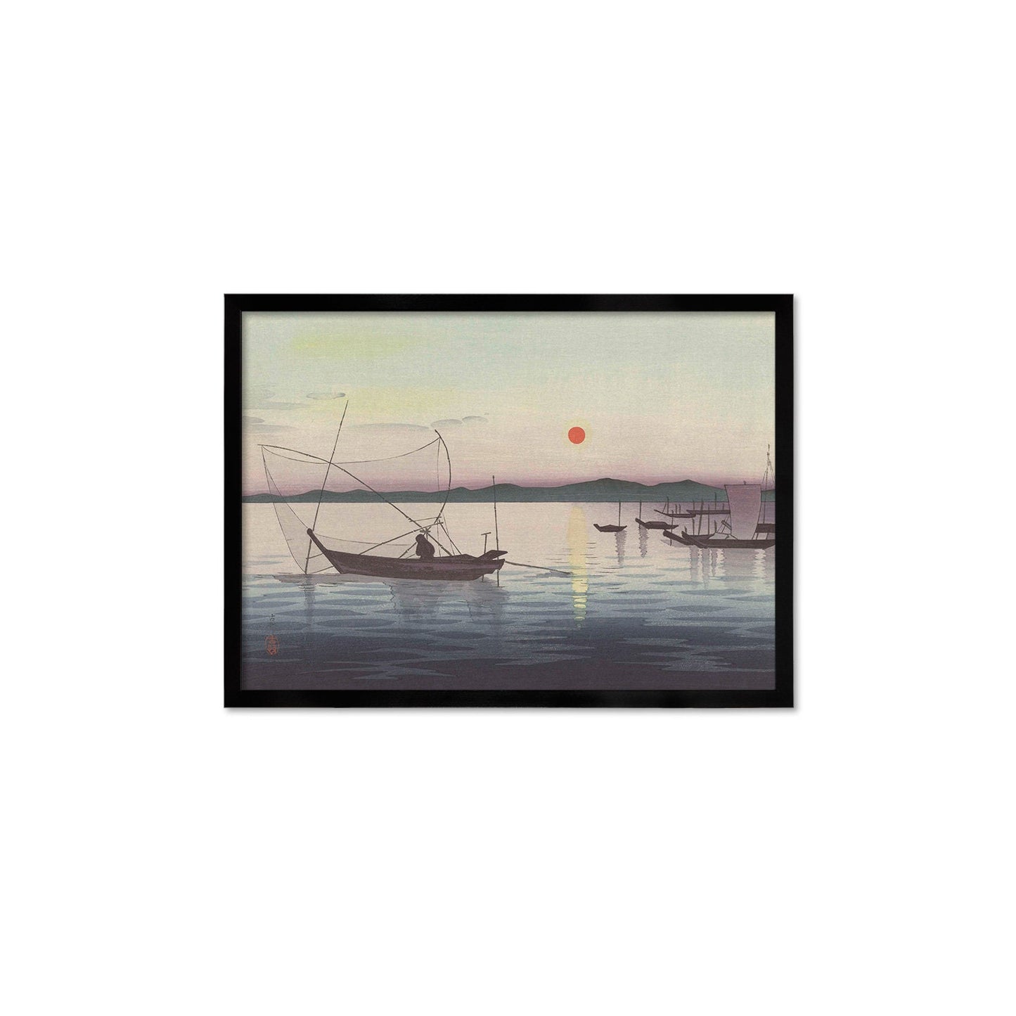 Japanese Art Sunset Ocean Framed Mounted Ukiyo-e Wall Decor Print Poster Woodblock Koson Shoson Boats & Setting Sun Sea Seascape Beautiful