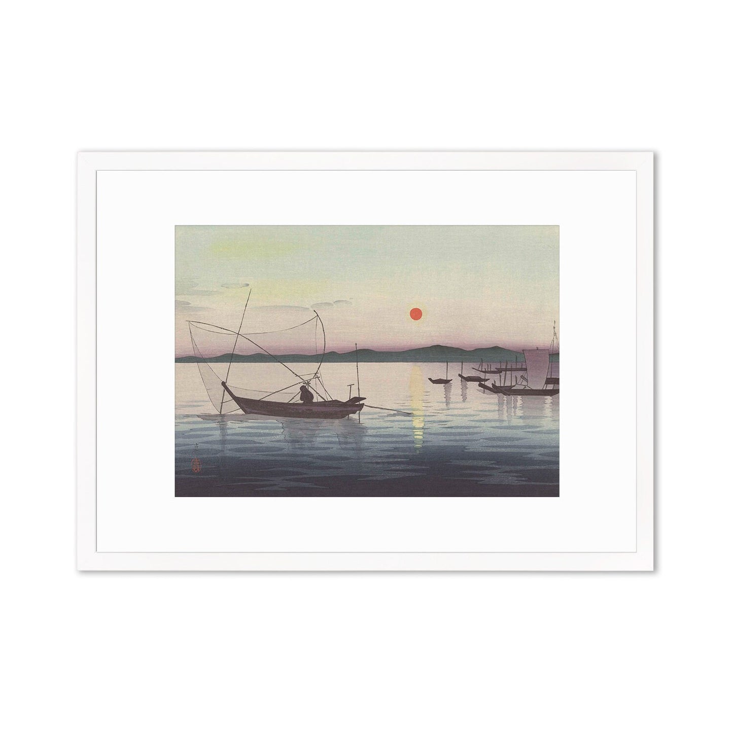 Japanese Art Sunset Ocean Framed Mounted Ukiyo-e Wall Decor Print Poster Woodblock Koson Shoson Boats & Setting Sun Sea Seascape Beautiful