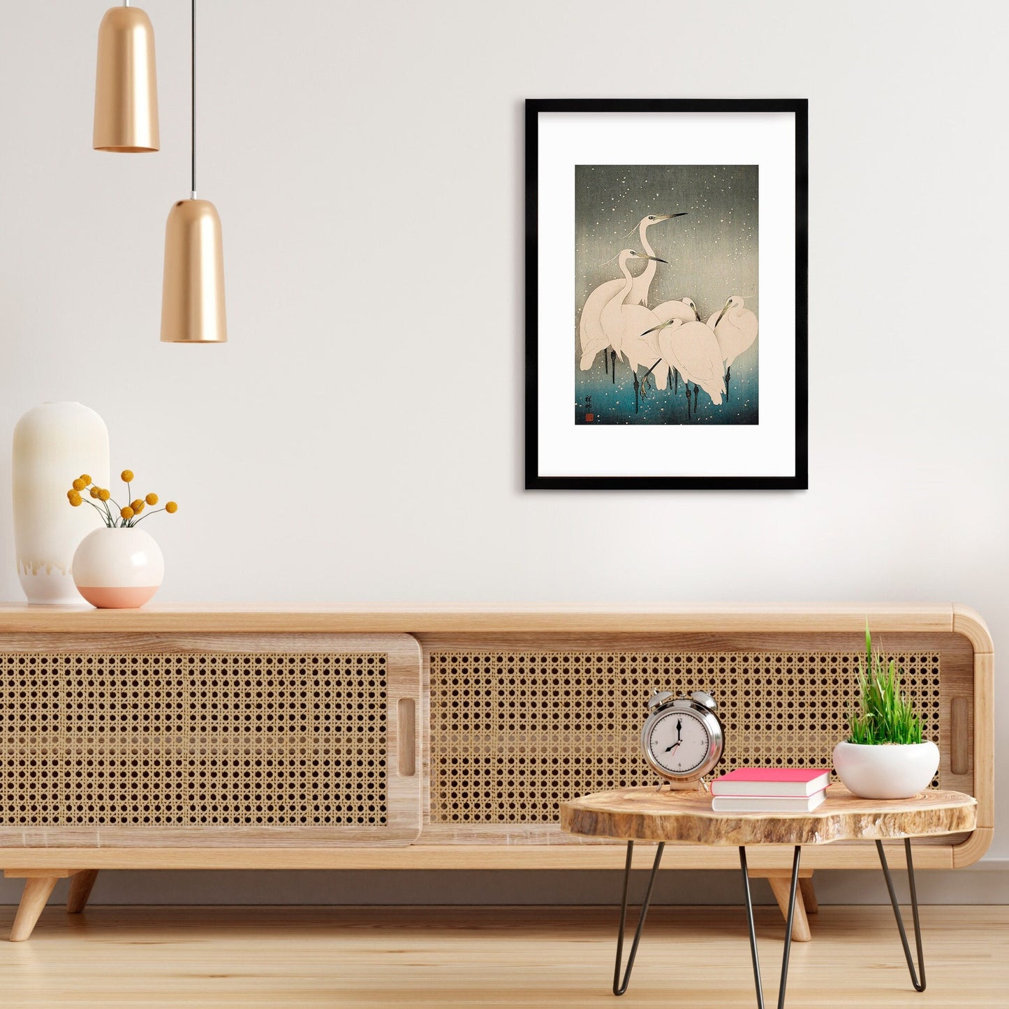 Japanese Art Egrets Cranes Framed Mounted Ukiyo-e Wall Decor Print Poster Woodblock Koson Shoson Heron Bird Calligraphy Beautiful Haiku Snow