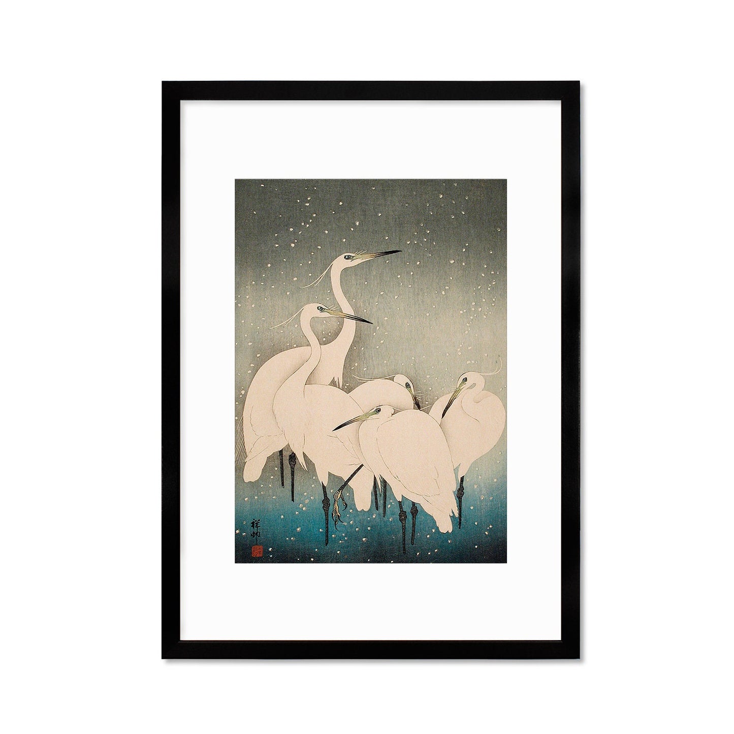 Japanese Art Egrets Cranes Framed Mounted Ukiyo-e Wall Decor Print Poster Woodblock Koson Shoson Heron Bird Calligraphy Beautiful Haiku Snow
