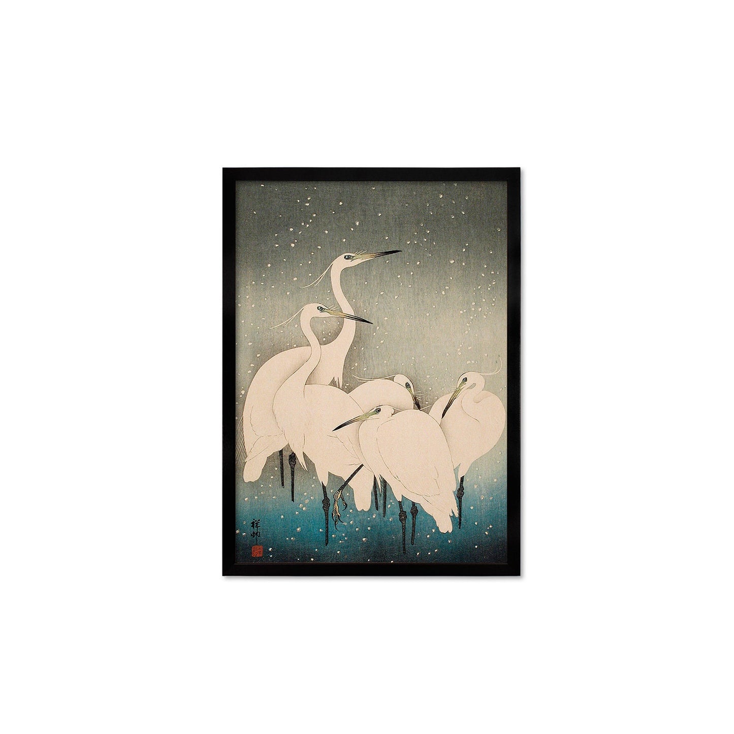 Japanese Art Egrets Cranes Framed Mounted Ukiyo-e Wall Decor Print Poster Woodblock Koson Shoson Heron Bird Calligraphy Beautiful Haiku Snow