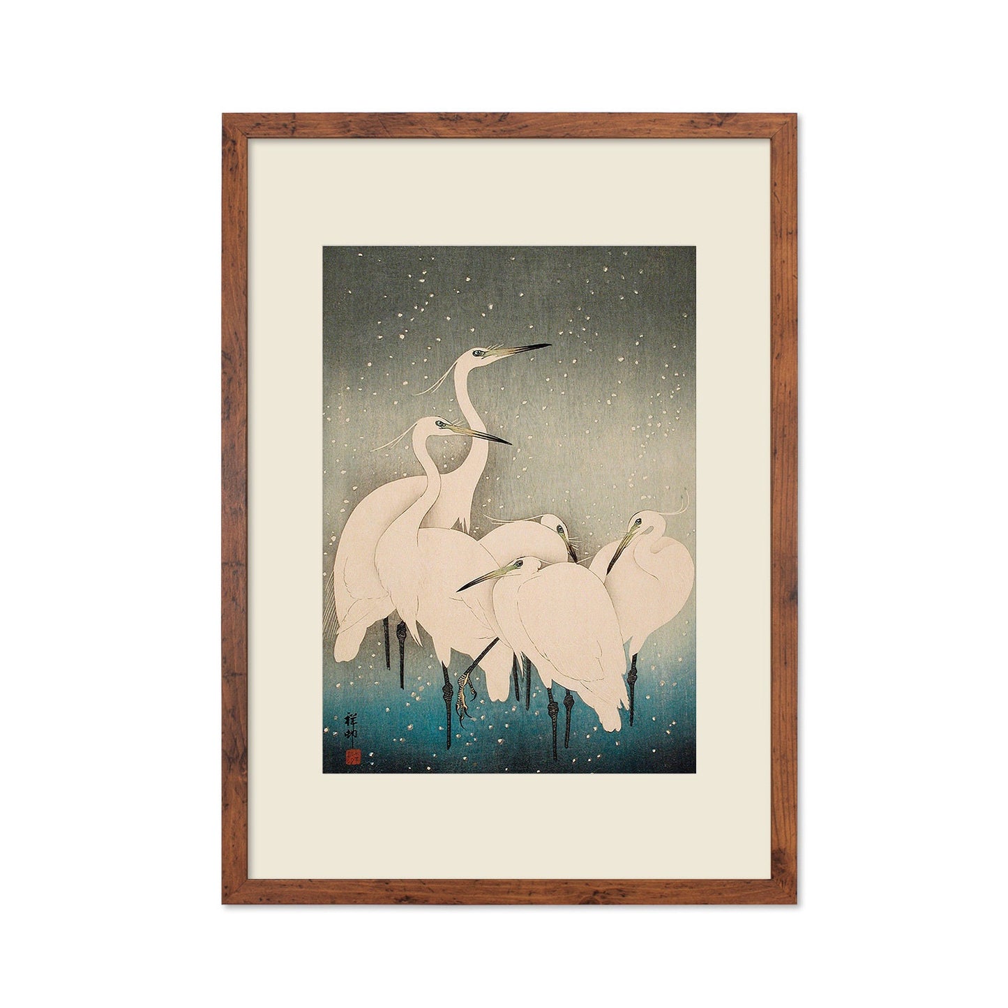 Japanese Art Egrets Cranes Framed Mounted Ukiyo-e Wall Decor Print Poster Woodblock Koson Shoson Heron Bird Calligraphy Beautiful Haiku Snow
