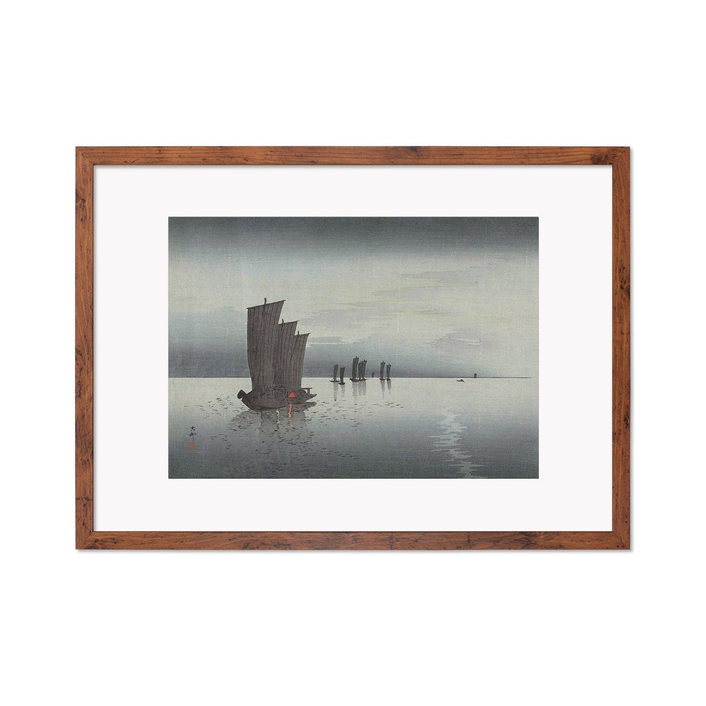 Japanese Art Sunset Sails Framed Mounted Ukiyo-e Wall Decor Print Poster Woodblock Koson Shoson Boats Night Yacht Ship Sea Ocean Beautiful