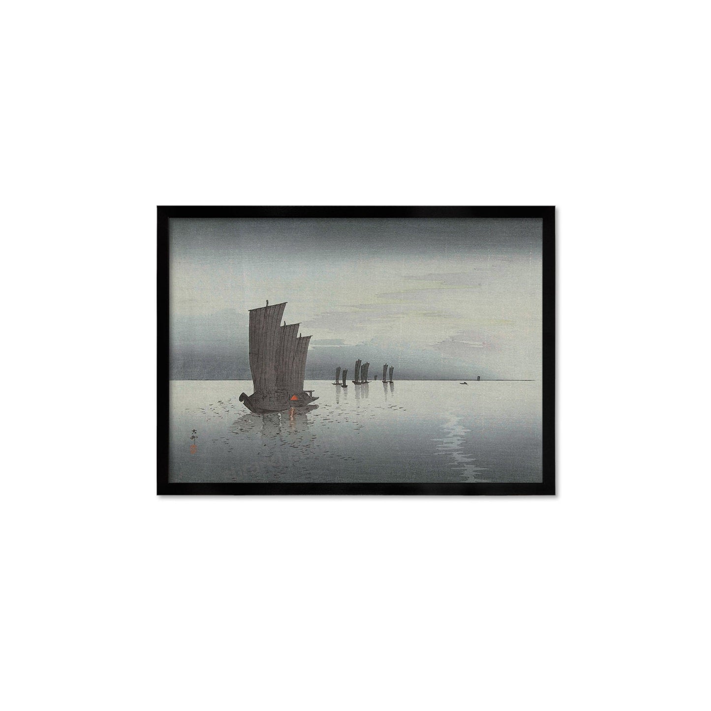 Japanese Art Sunset Sails Framed Mounted Ukiyo-e Wall Decor Print Poster Woodblock Koson Shoson Boats Night Yacht Ship Sea Ocean Beautiful