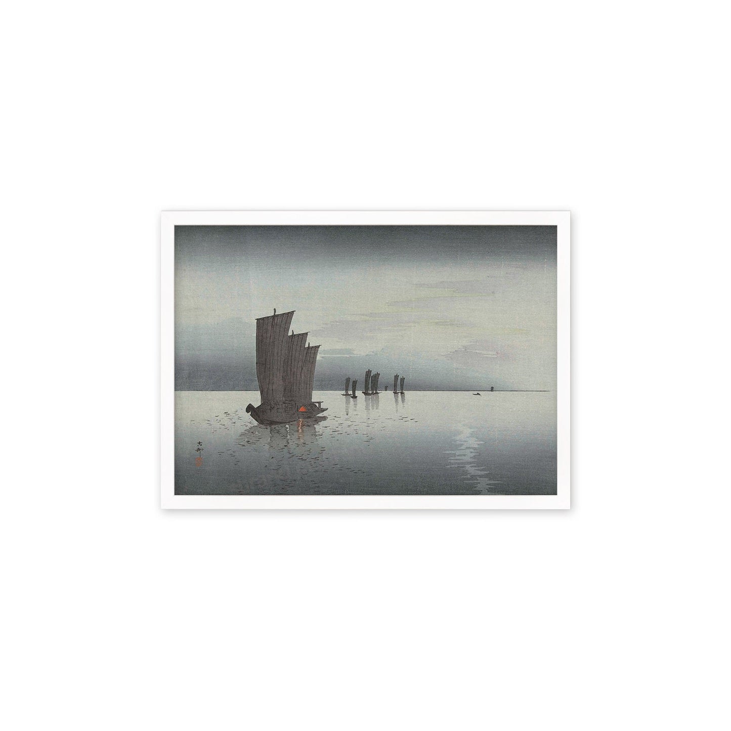 Japanese Art Sunset Sails Framed Mounted Ukiyo-e Wall Decor Print Poster Woodblock Koson Shoson Boats Night Yacht Ship Sea Ocean Beautiful