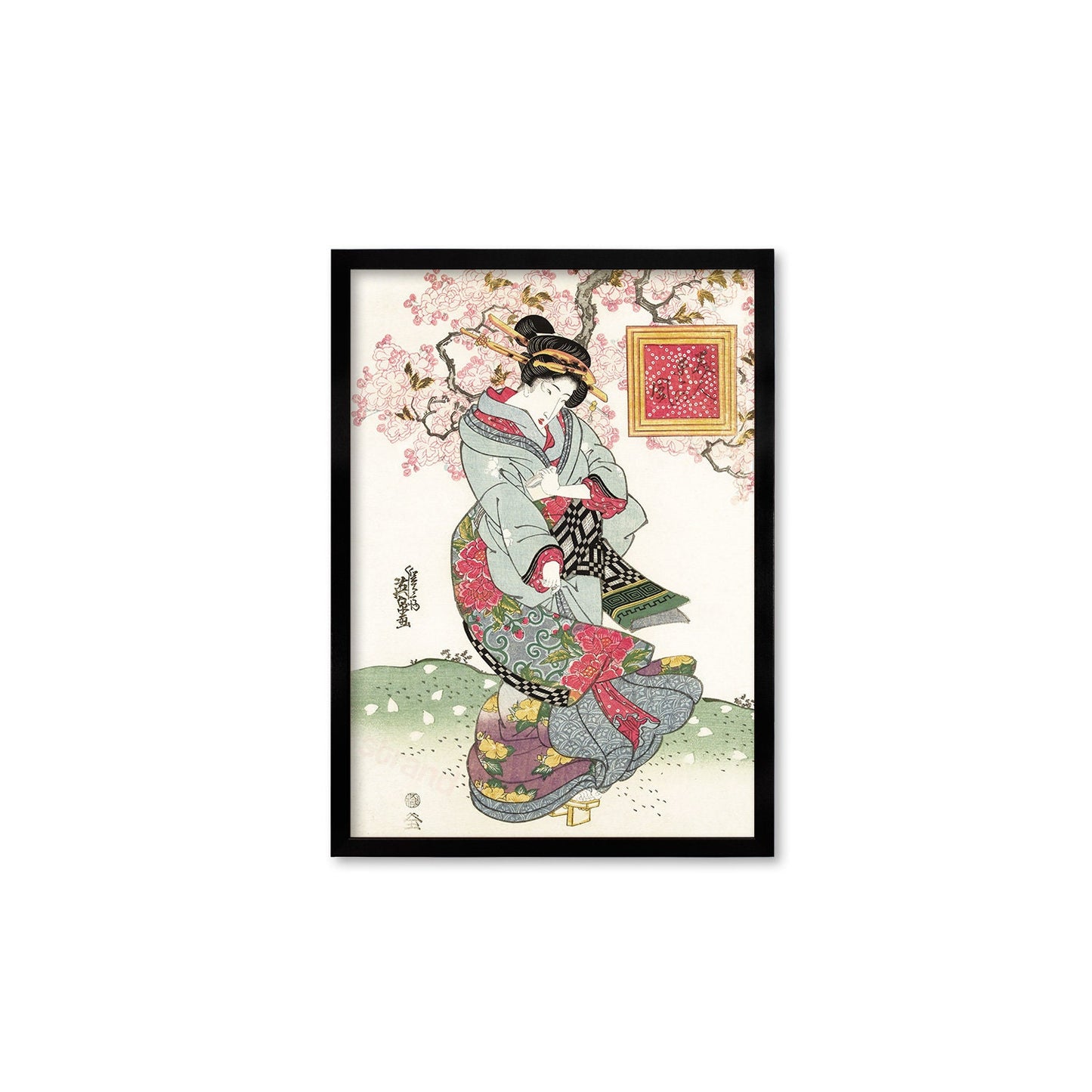 Japanese Art Geisha Sakura Framed Mounted Ukiyo-e Wall Decor Print Poster Woodblock Keisai Eisen Maiko Bijin Cherry Blossoms Beautiful A2 A3