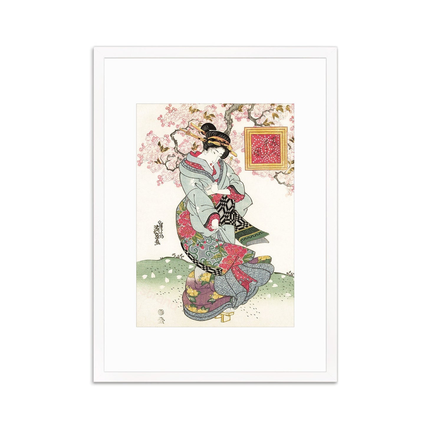 Japanese Art Geisha Sakura Framed Mounted Ukiyo-e Wall Decor Print Poster Woodblock Keisai Eisen Maiko Bijin Cherry Blossoms Beautiful A2 A3