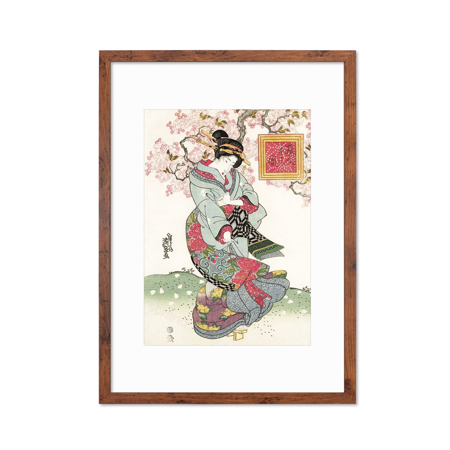 Japanese Art Geisha Sakura Framed Mounted Ukiyo-e Wall Decor Print Poster Woodblock Keisai Eisen Maiko Bijin Cherry Blossoms Beautiful A2 A3