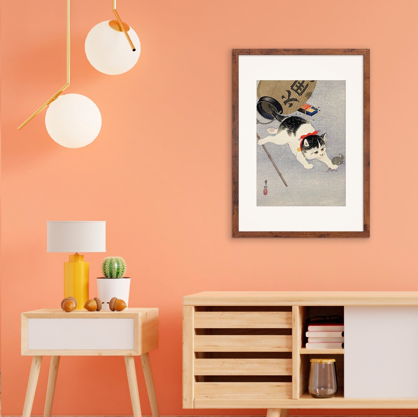 Japanese Art Cat Framed Mounted Ukiyo-e Wall Decor Print Poster Woodblock Koson Shoson Kitten and Lantern Neko Cute Kawaii Pretty Beautiful