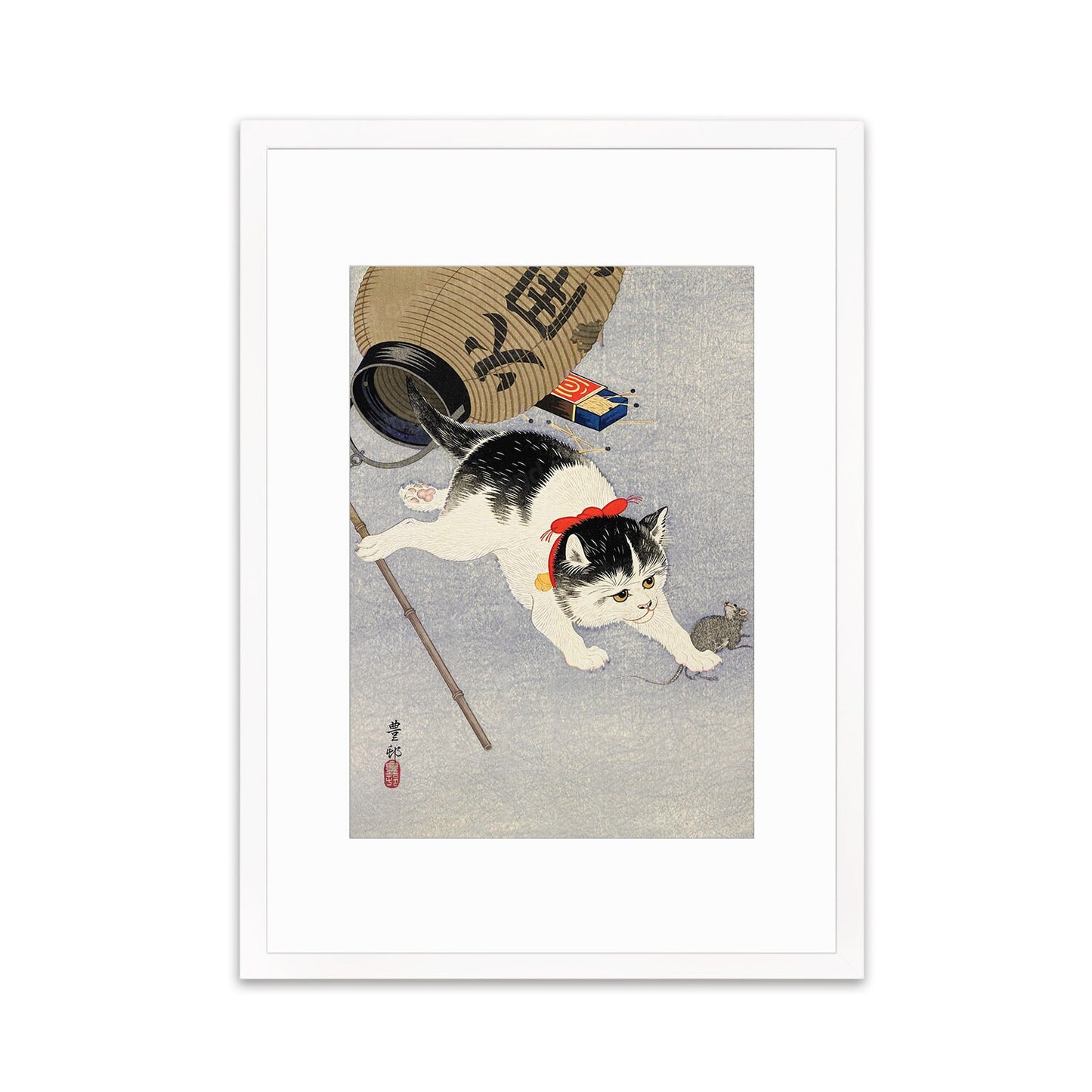 Japanese Art Cat Framed Mounted Ukiyo-e Wall Decor Print Poster Woodblock Koson Shoson Kitten and Lantern Neko Cute Kawaii Pretty Beautiful