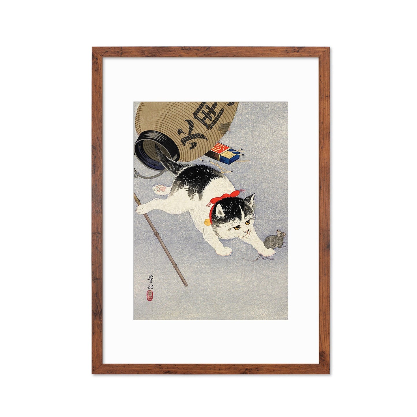 Japanese Art Cat Framed Mounted Ukiyo-e Wall Decor Print Poster Woodblock Koson Shoson Kitten and Lantern Neko Cute Kawaii Pretty Beautiful