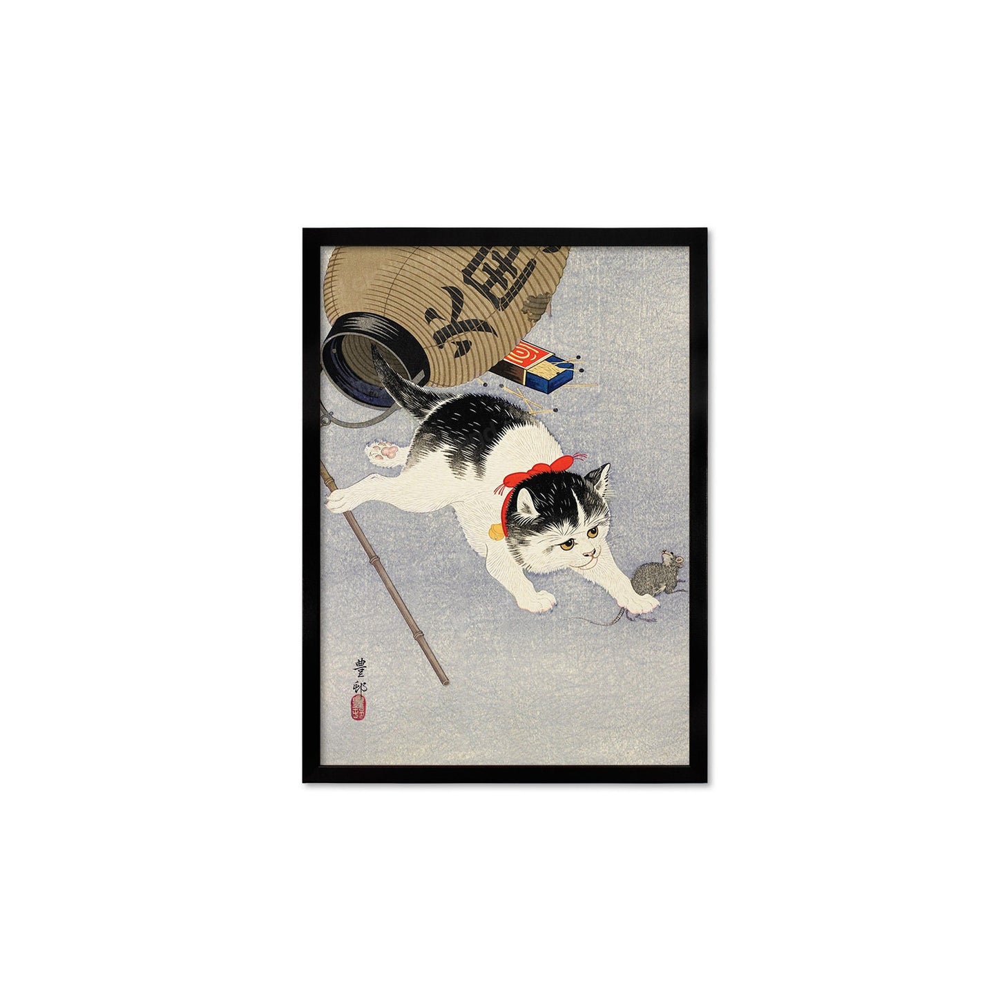 Japanese Art Cat Framed Mounted Ukiyo-e Wall Decor Print Poster Woodblock Koson Shoson Kitten and Lantern Neko Cute Kawaii Pretty Beautiful