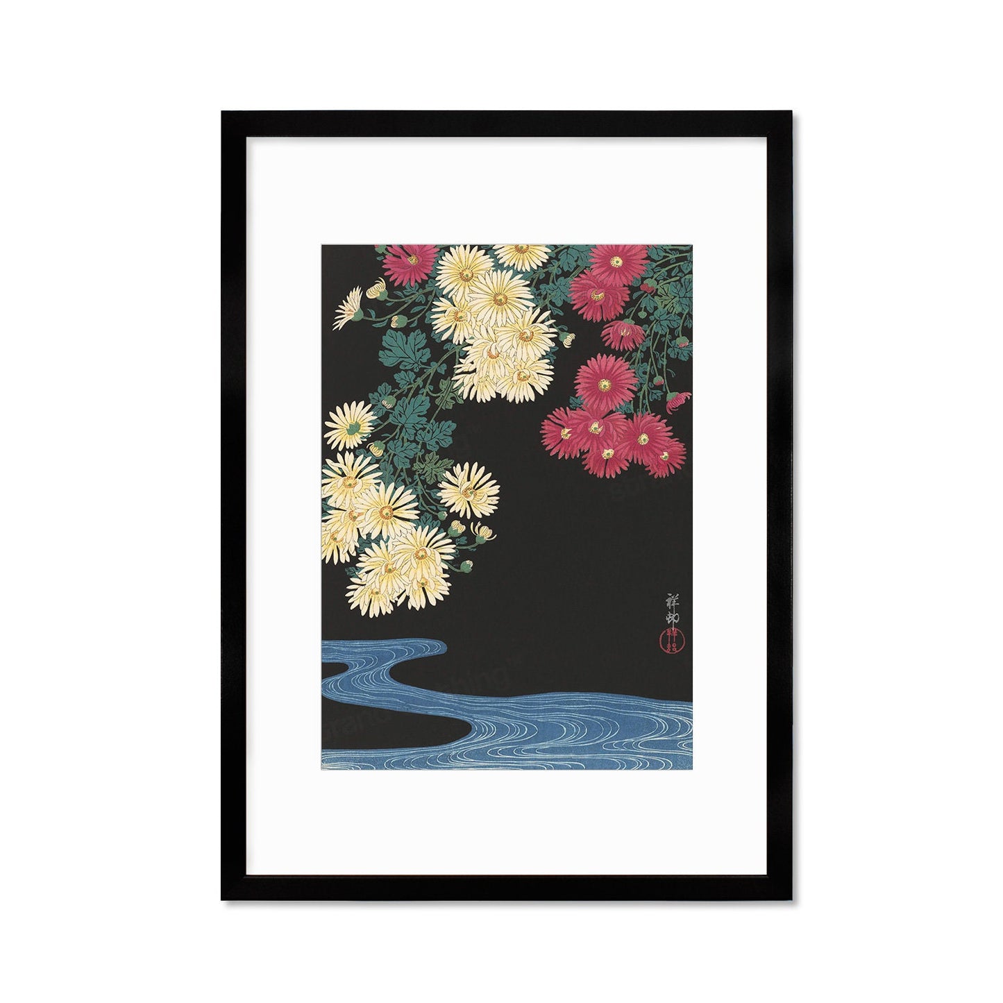 Japanese Art Chrysanthemums Framed Mounted Ukiyo-e Wall Decor Print Poster Woodblock Koson Shoson Flowers and Running Water Beautiful Japan