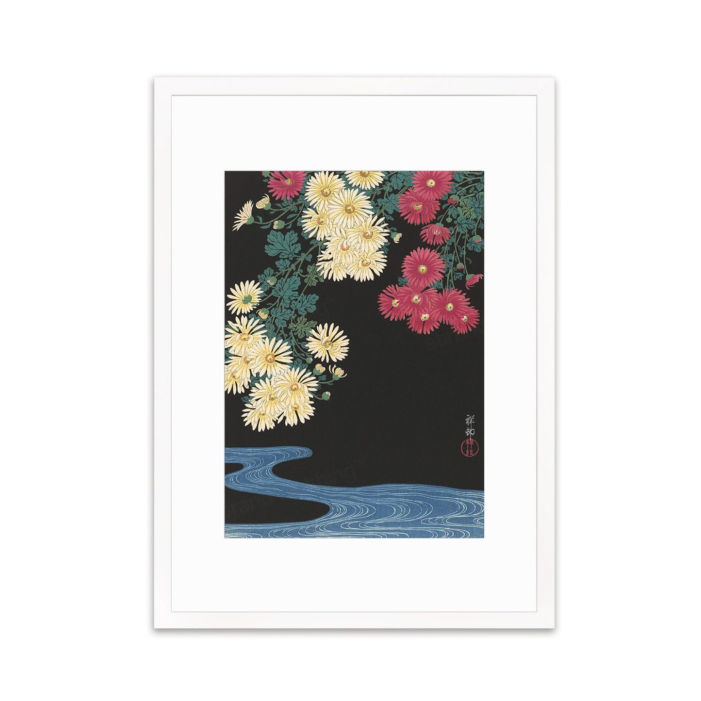 Japanese Art Chrysanthemums Framed Mounted Ukiyo-e Wall Decor Print Poster Woodblock Koson Shoson Flowers and Running Water Beautiful Japan