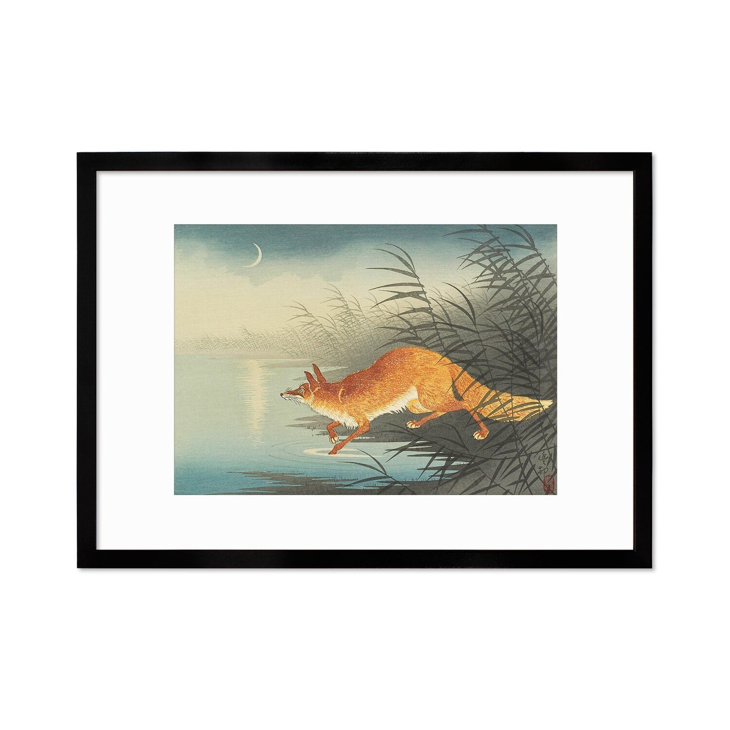 Japanese Art Fox Kitsune Framed Mounted Ukiyo-e Wall Decor Print Poster Woodblock Koson Shoson Moon Beautiful Japan Calligraphy Nature Calm