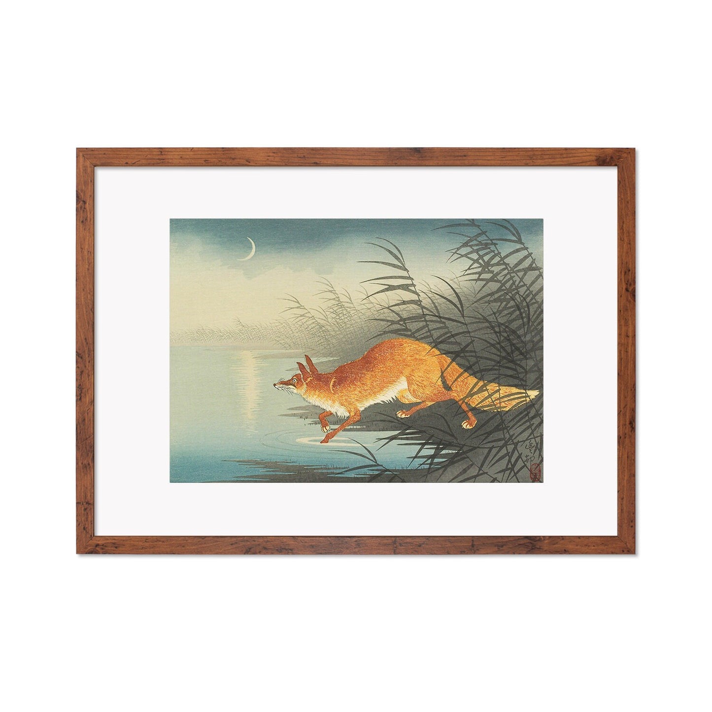 Japanese Art Fox Kitsune Framed Mounted Ukiyo-e Wall Decor Print Poster Woodblock Koson Shoson Moon Beautiful Japan Calligraphy Nature Calm
