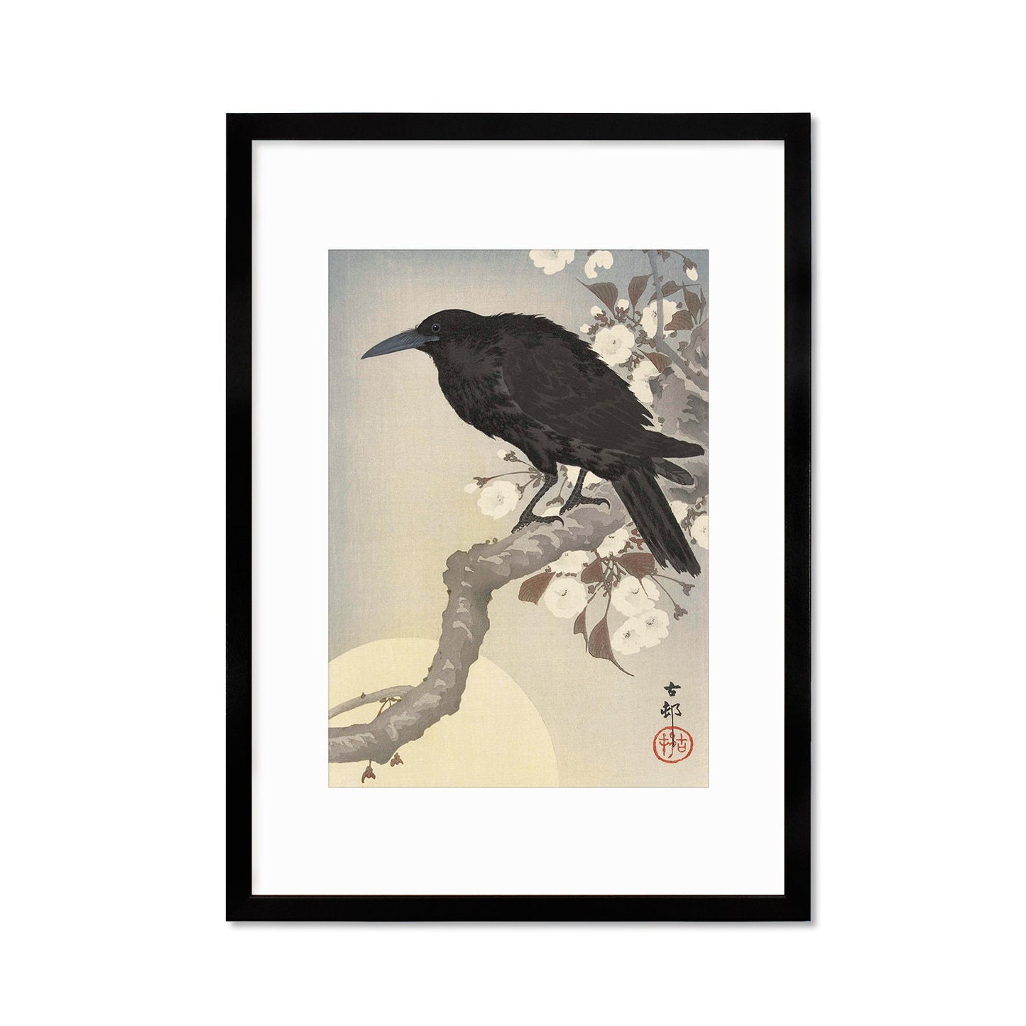 Japanese Art Crow Full Moon Print Poster Woodblock Ukiyo-e Ohara Koson Shoson Raven Bird Framed Mounted Wall Nature Landscape Elegant A3 A2